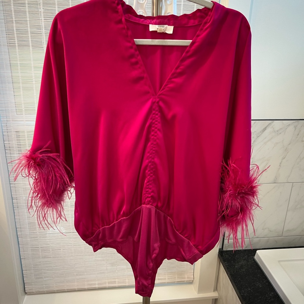 Vibrant Fushia Feathered Blouse Bodysuit
